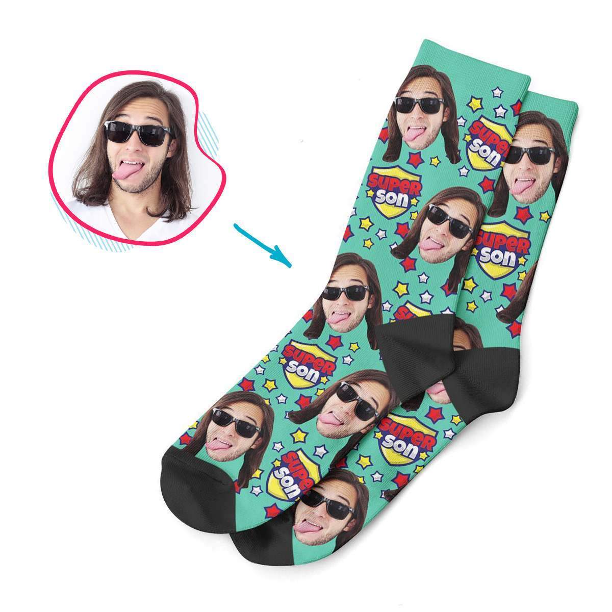 mint Super Son socks personalized with photo of face printed on them