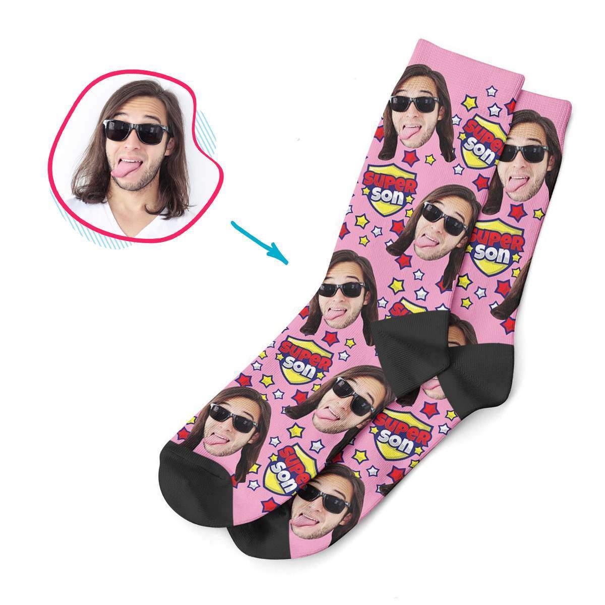 pink Super Son socks personalized with photo of face printed on them