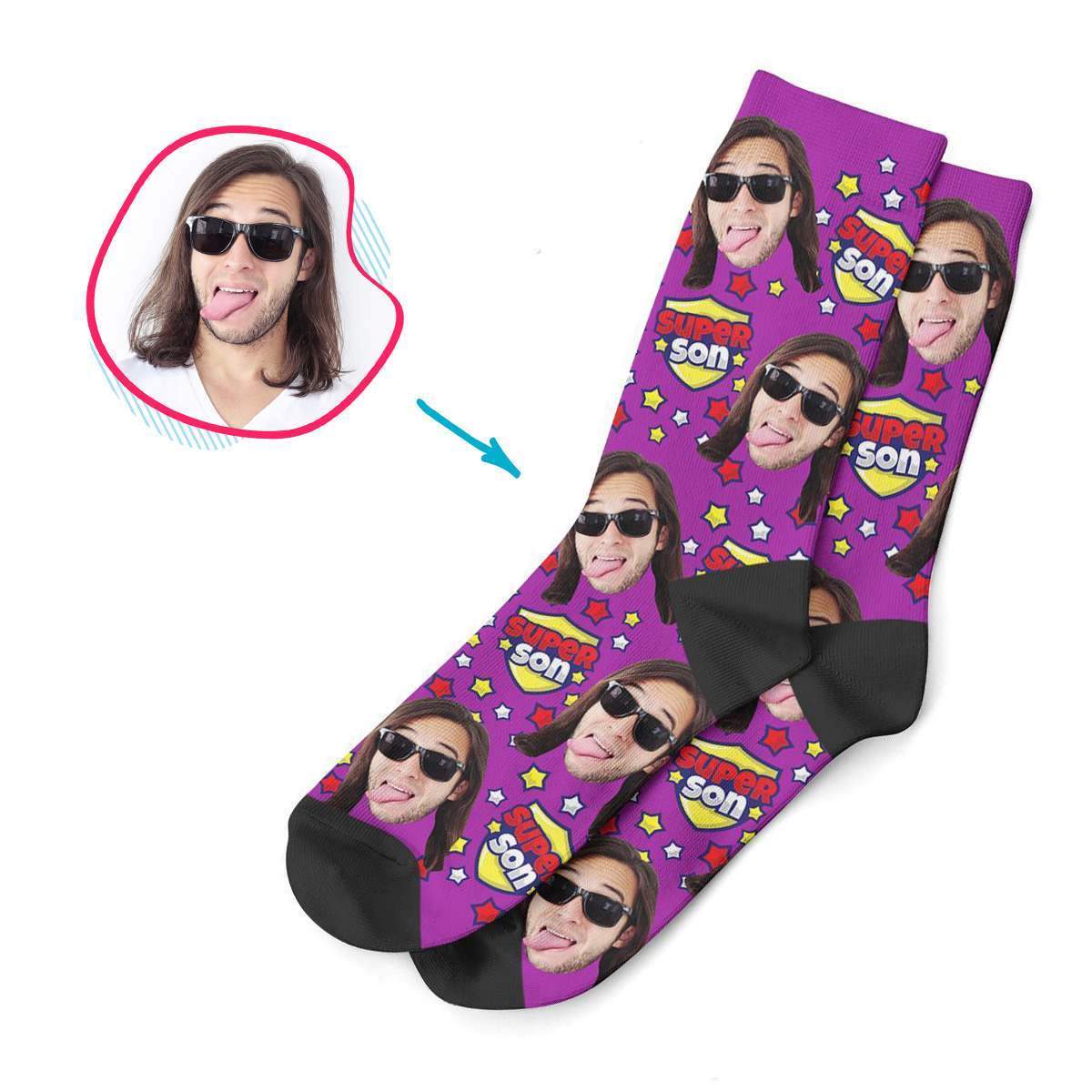 purple Super Son socks personalized with photo of face printed on them