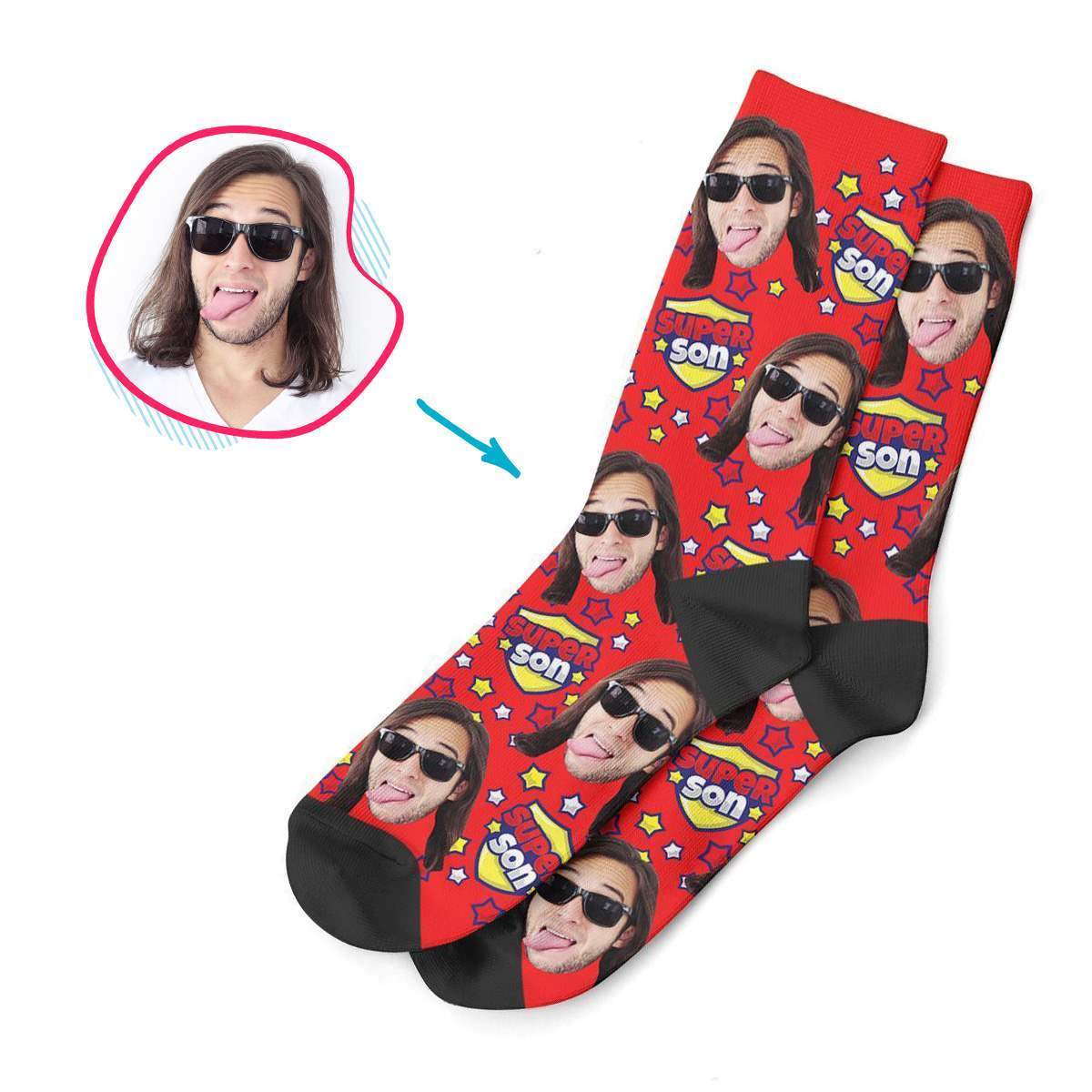 red Super Son socks personalized with photo of face printed on them