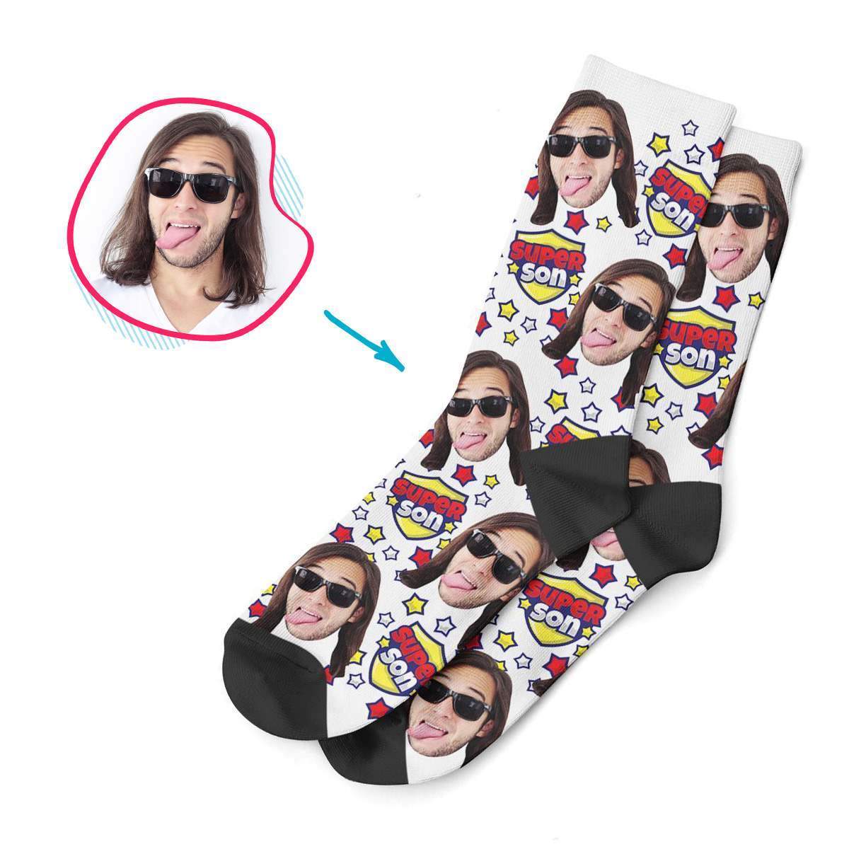 white Super Son socks personalized with photo of face printed on them