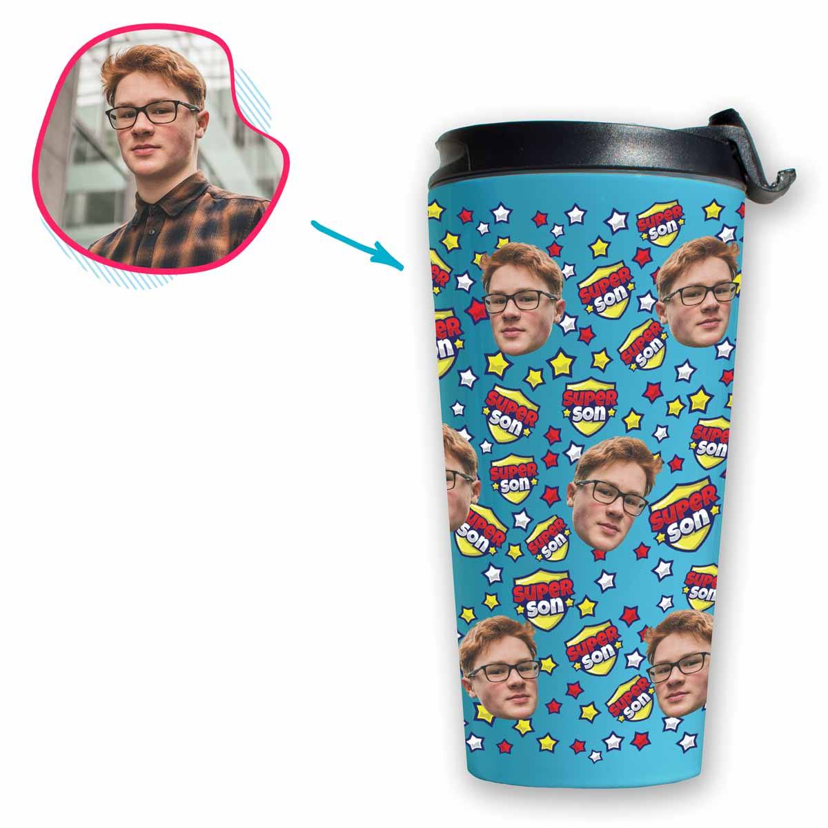 blue Super Son travel mug personalized with photo of face printed on it