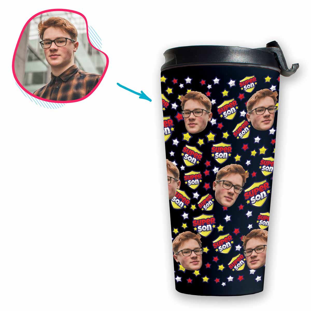 dark Super Son travel mug personalized with photo of face printed on it
