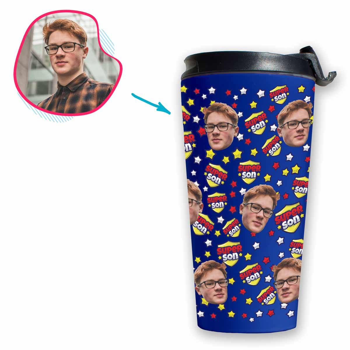 darkblue Super Son travel mug personalized with photo of face printed on it