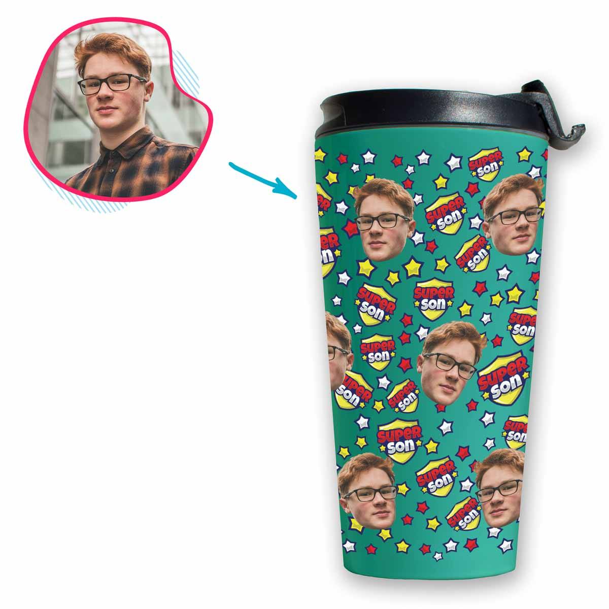 mint Super Son travel mug personalized with photo of face printed on it