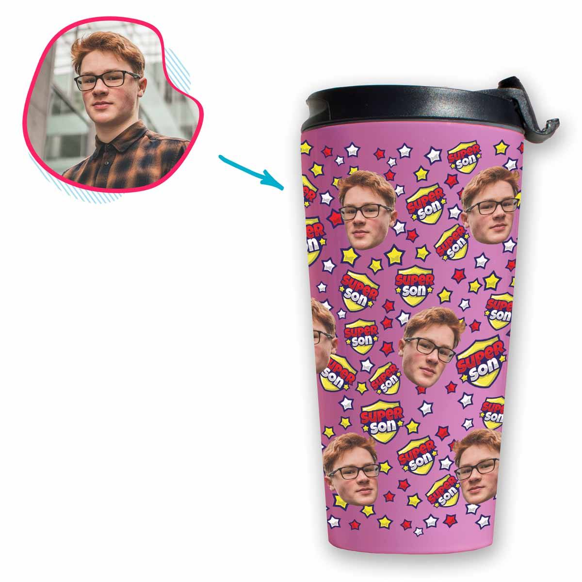 pink Super Son travel mug personalized with photo of face printed on it