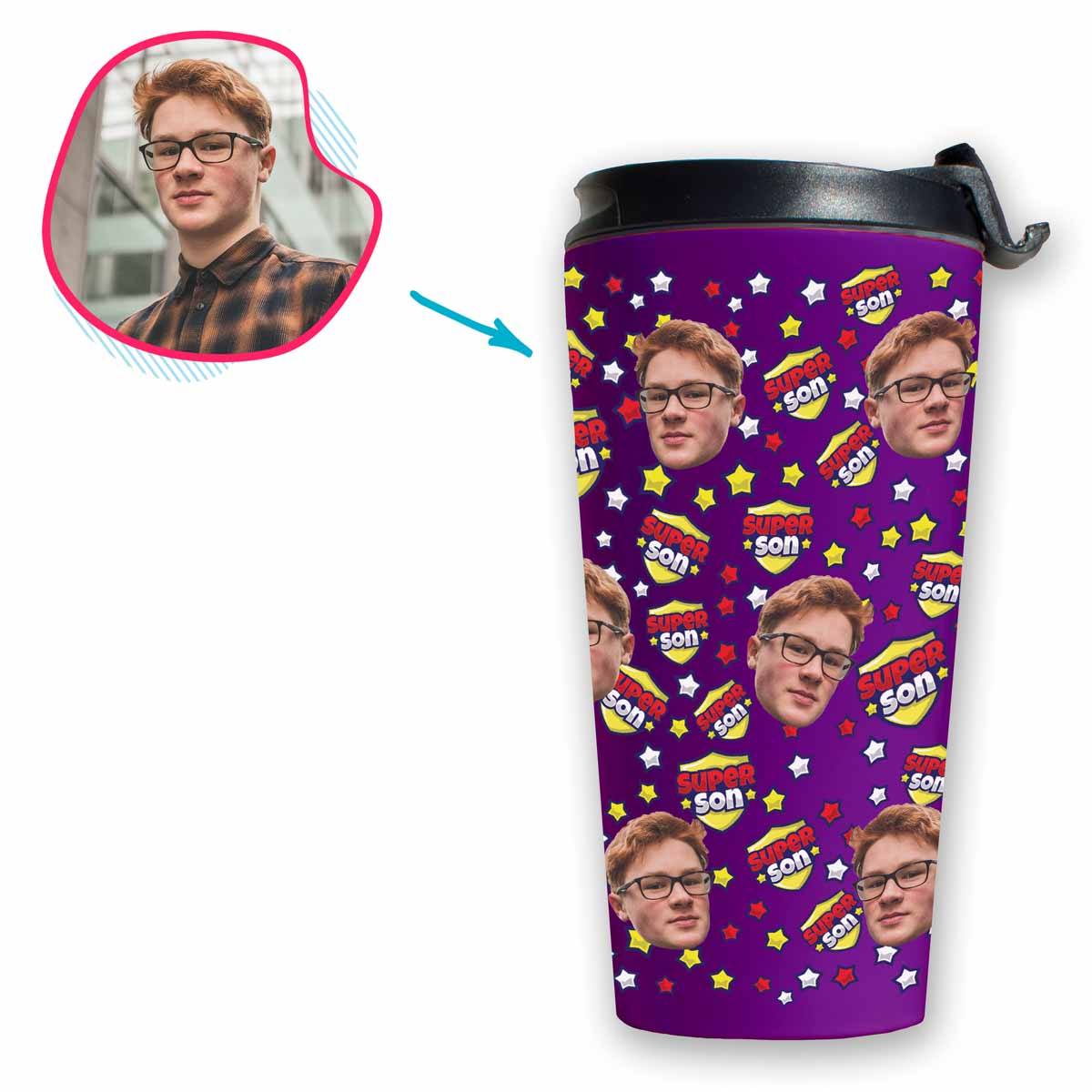 purple Super Son travel mug personalized with photo of face printed on it
