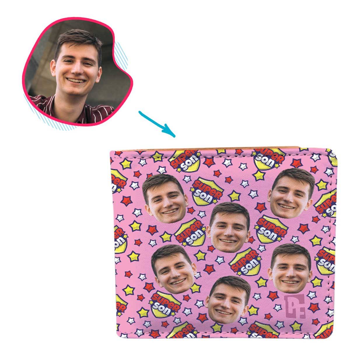 pink Super Son wallet personalized with photo of face printed on it