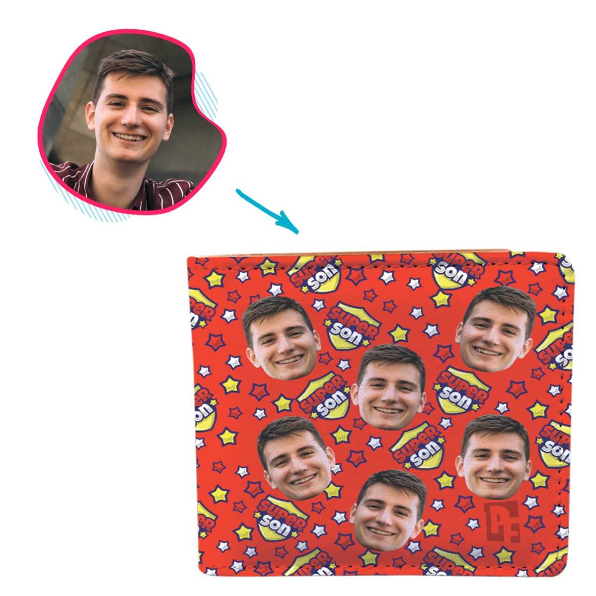 red Super Son wallet personalized with photo of face printed on it