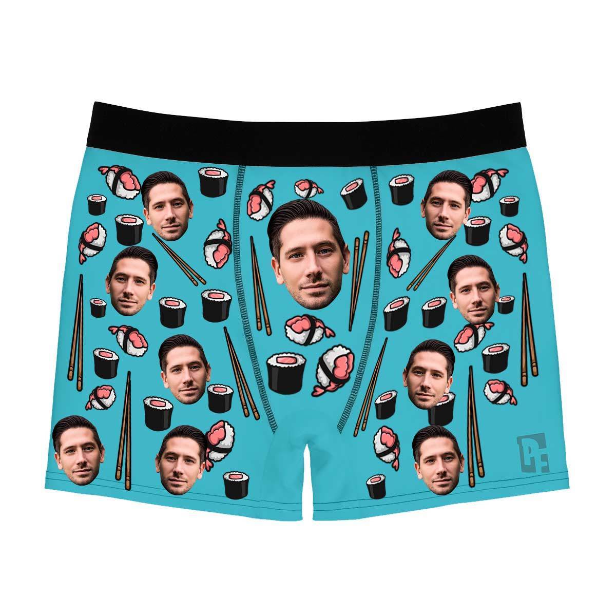 Blue Sushi men's boxer briefs personalized with photo printed on them