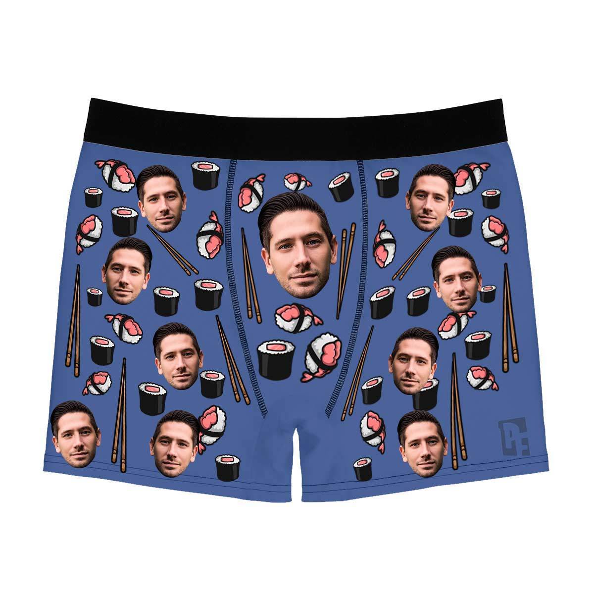 Darkblue Sushi men's boxer briefs personalized with photo printed on them