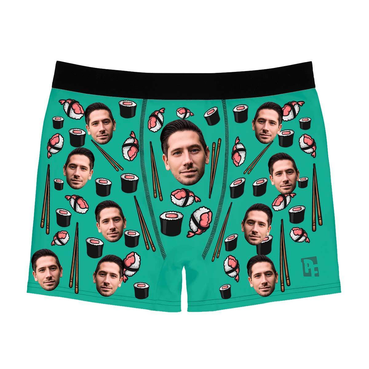 Mint Sushi men's boxer briefs personalized with photo printed on them