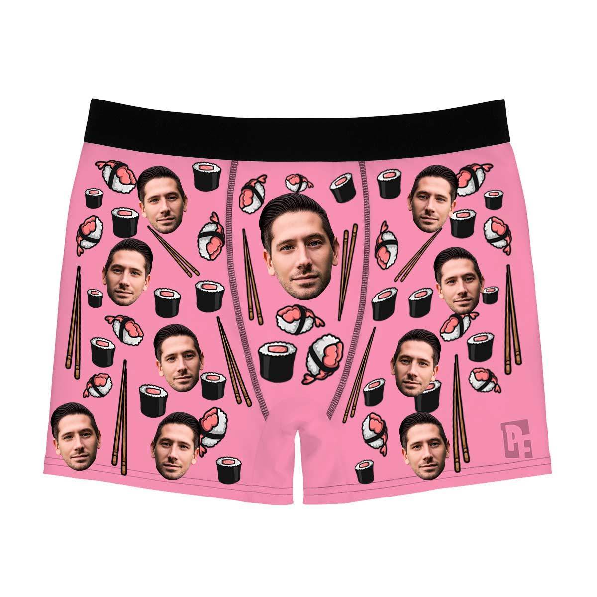 Pink Sushi men's boxer briefs personalized with photo printed on them