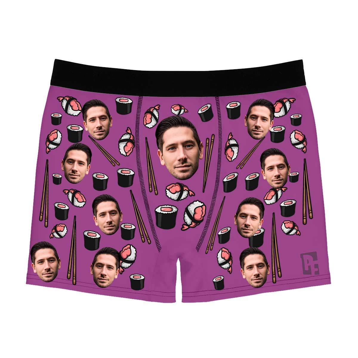 Purple Sushi men's boxer briefs personalized with photo printed on them