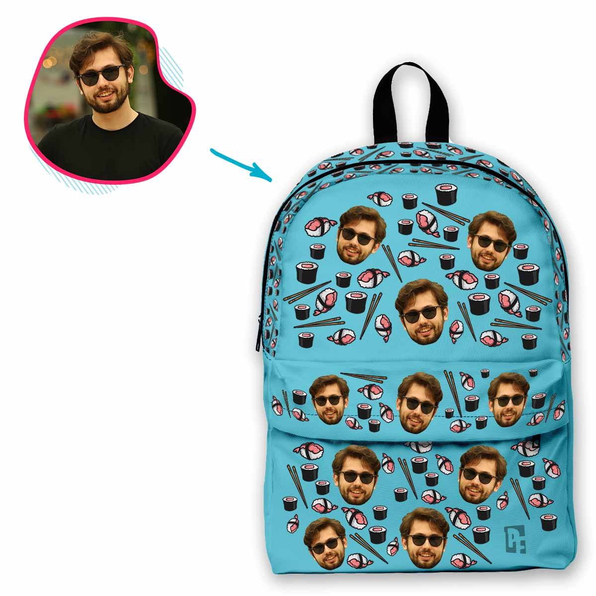 blue Sushi classic backpack personalized with photo of face printed on it