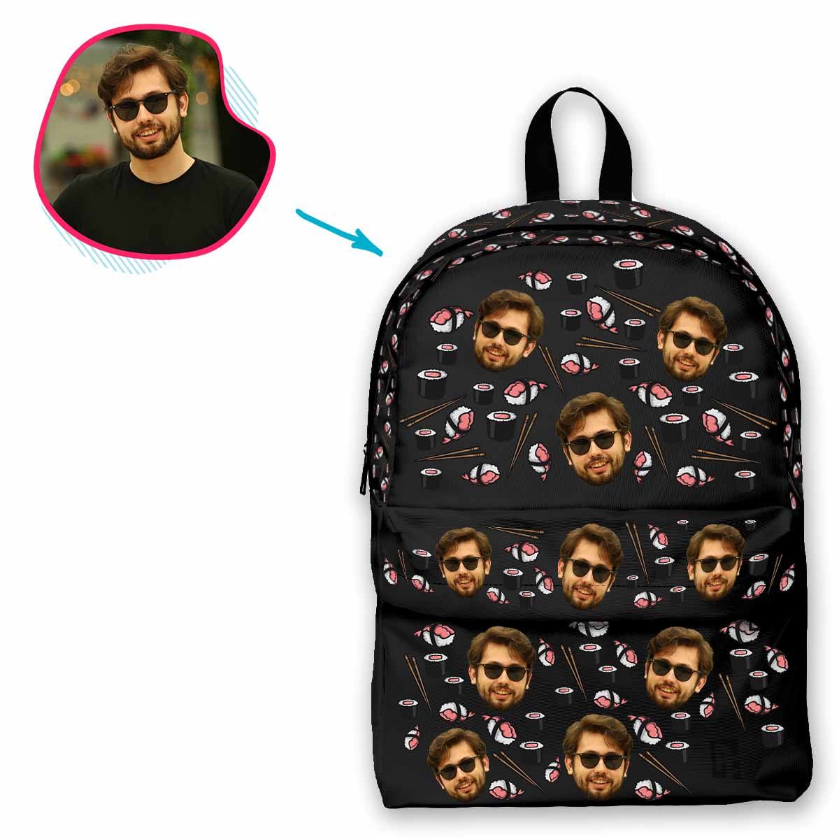 dark Sushi classic backpack personalized with photo of face printed on it