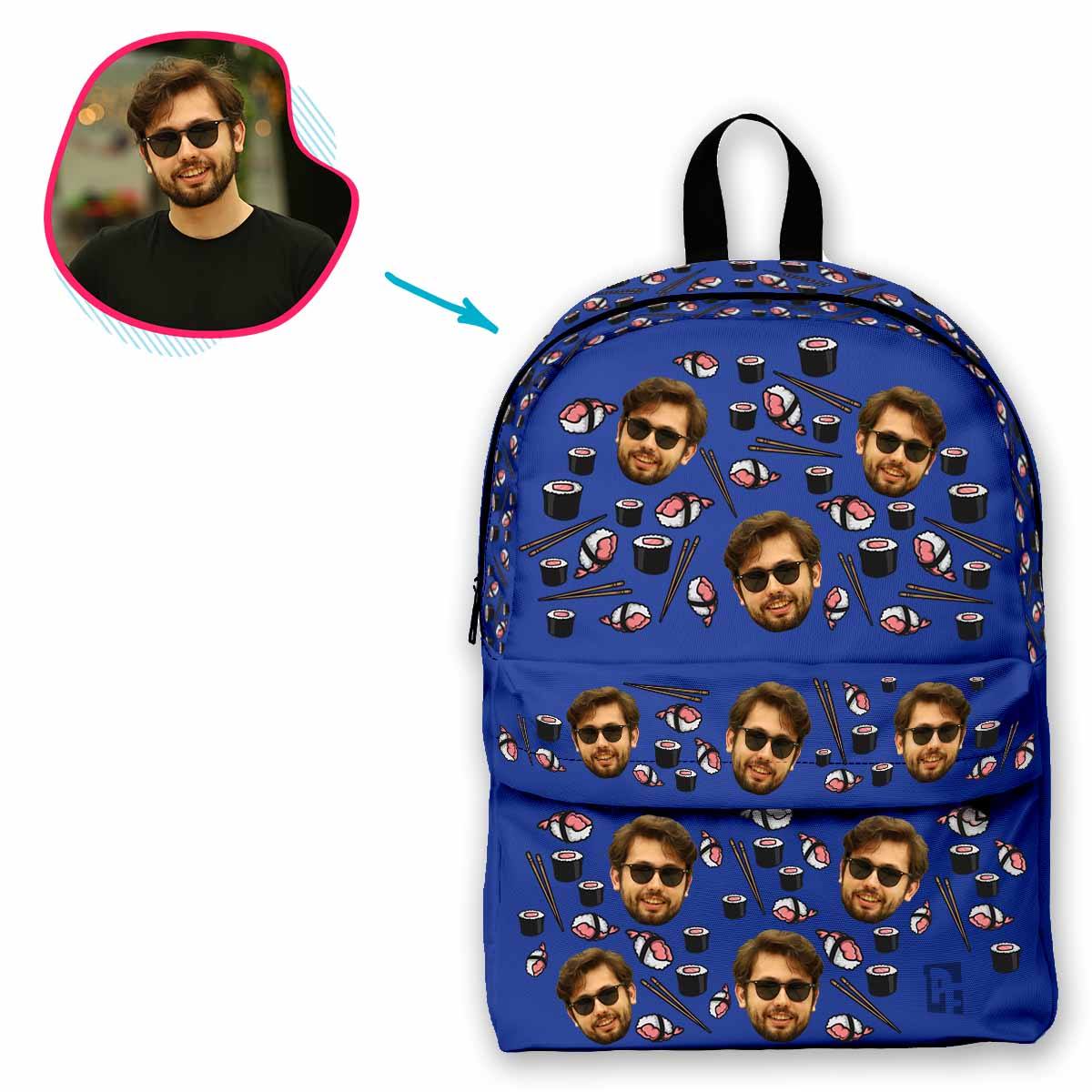 darkblue Sushi classic backpack personalized with photo of face printed on it