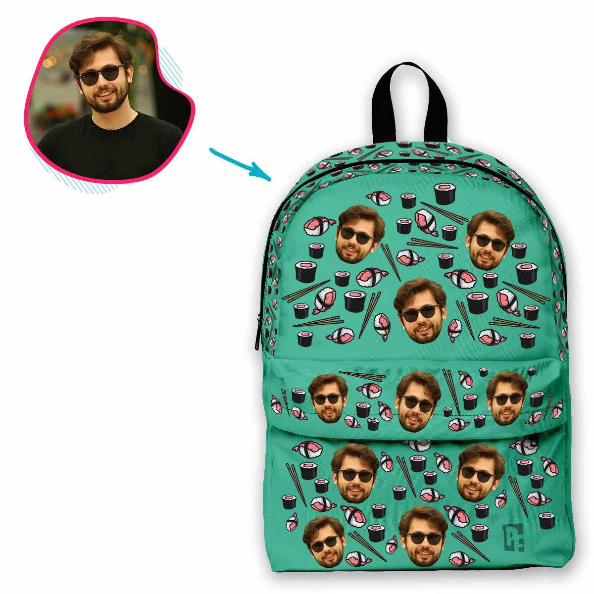 mint Sushi classic backpack personalized with photo of face printed on it