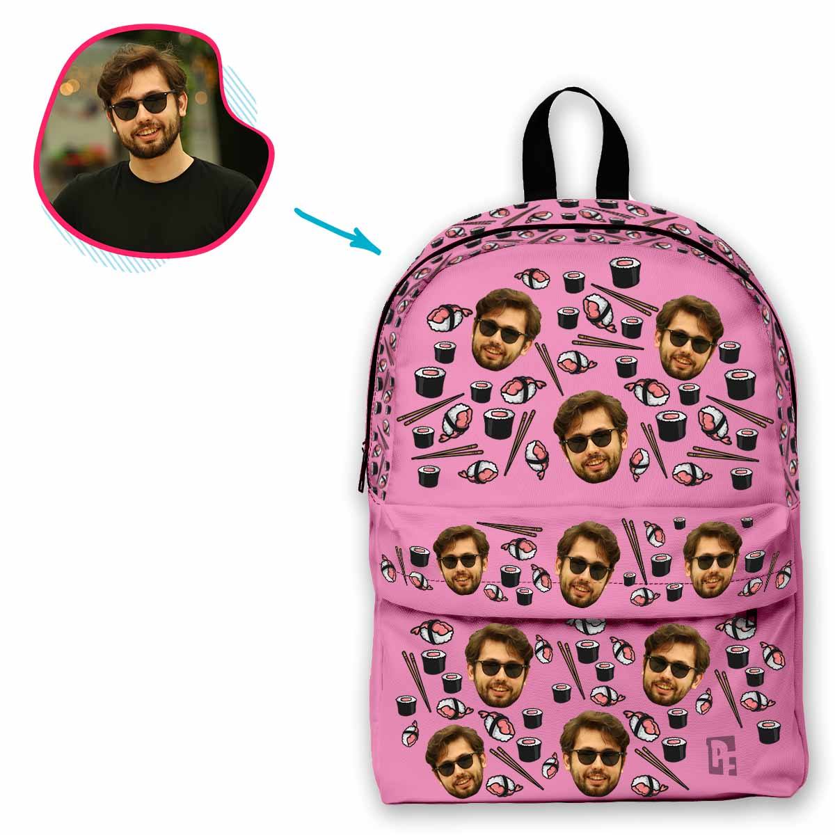 pink Sushi classic backpack personalized with photo of face printed on it