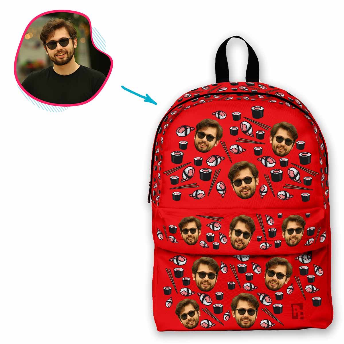 red Sushi classic backpack personalized with photo of face printed on it