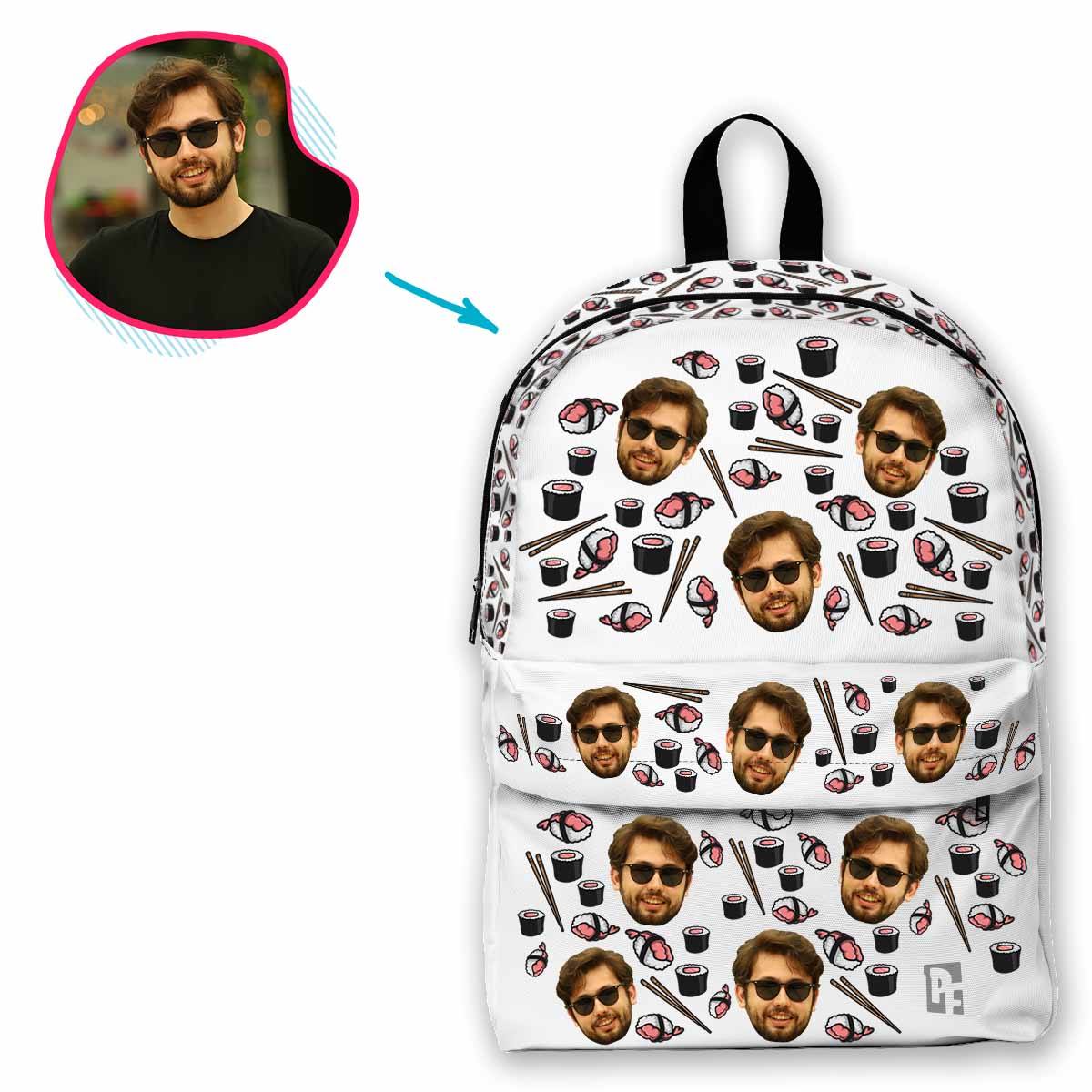 white Sushi classic backpack personalized with photo of face printed on it