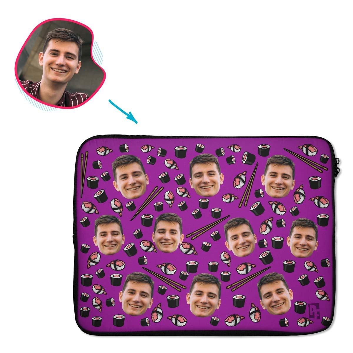 purple Sushi laptop sleeve personalized with photo of face printed on them