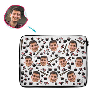 white Sushi laptop sleeve personalized with photo of face printed on them