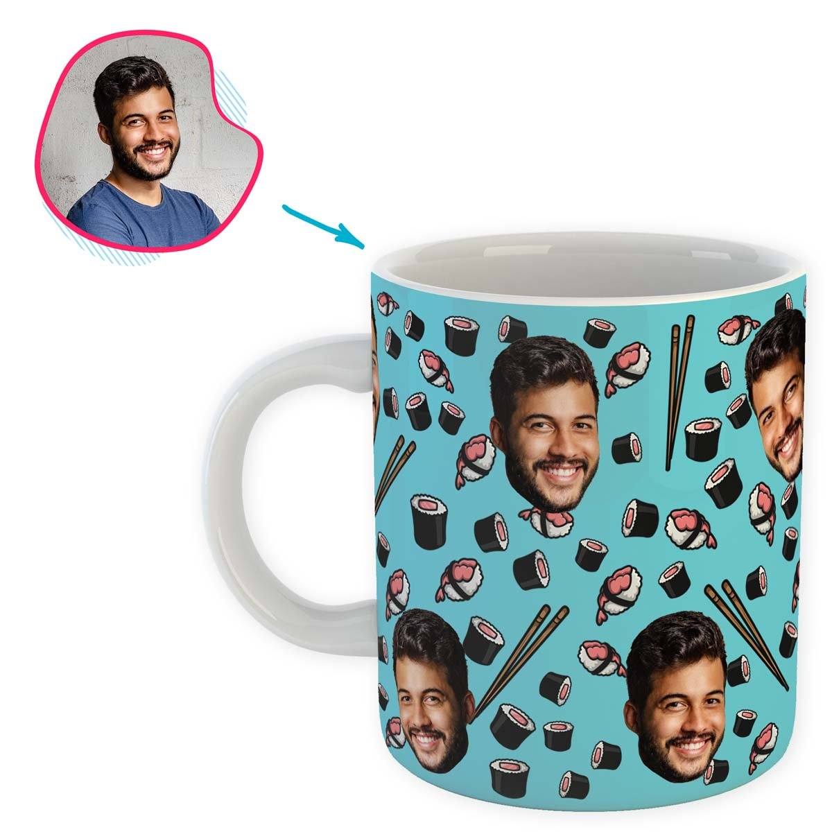 blue Sushi mug personalized with photo of face printed on it