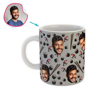 grey Sushi mug personalized with photo of face printed on it