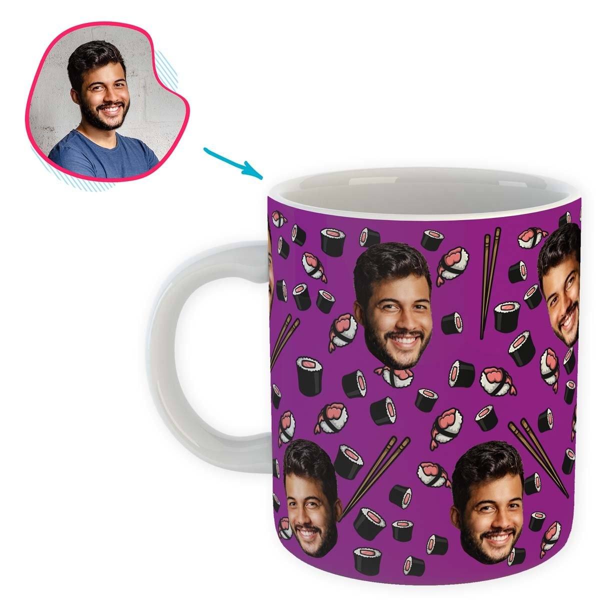 purple Sushi mug personalized with photo of face printed on it