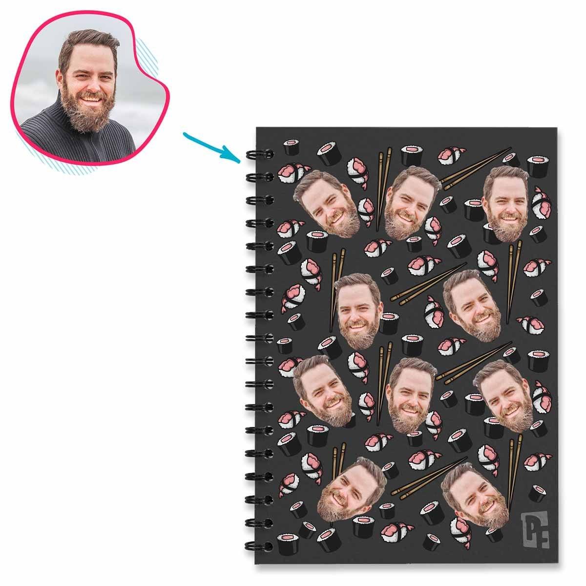 dark Sushi Notebook personalized with photo of face printed on them