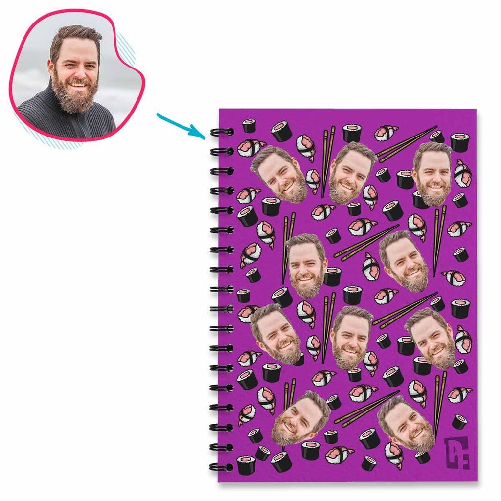 purple Sushi Notebook personalized with photo of face printed on them