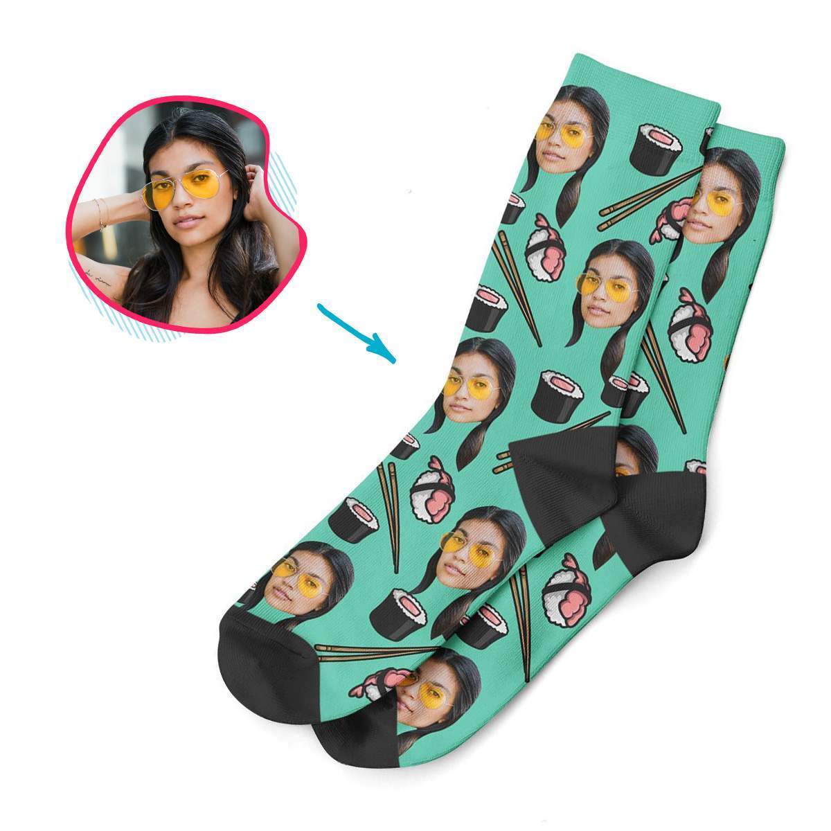 mint Sushi socks personalized with photo of face printed on them