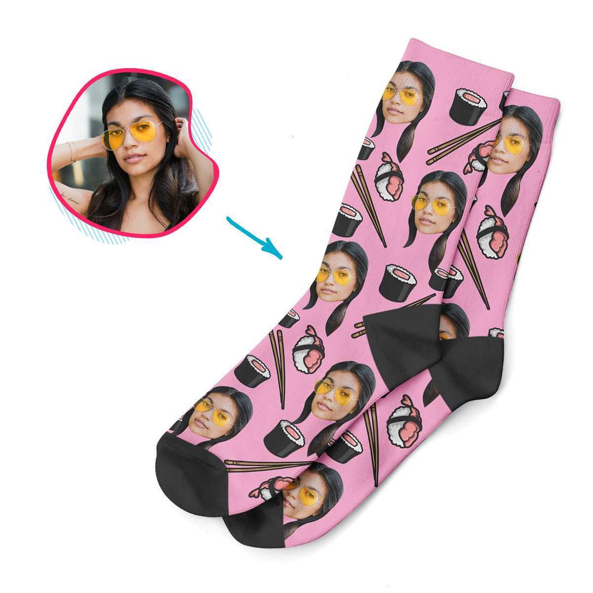 pink Sushi socks personalized with photo of face printed on them