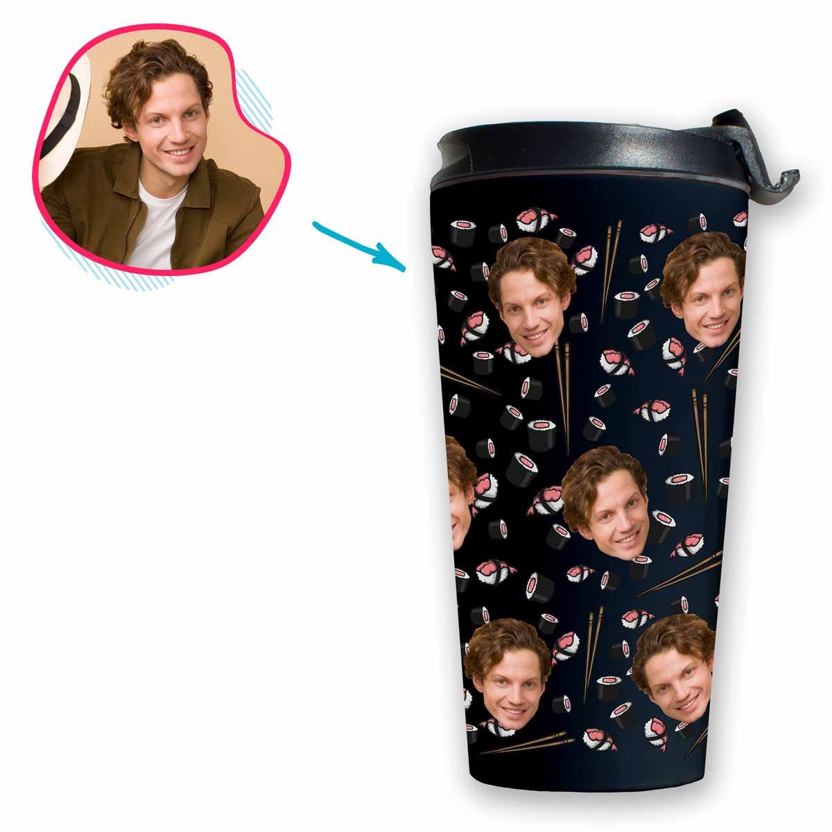 dark Sushi travel mug personalized with photo of face printed on it