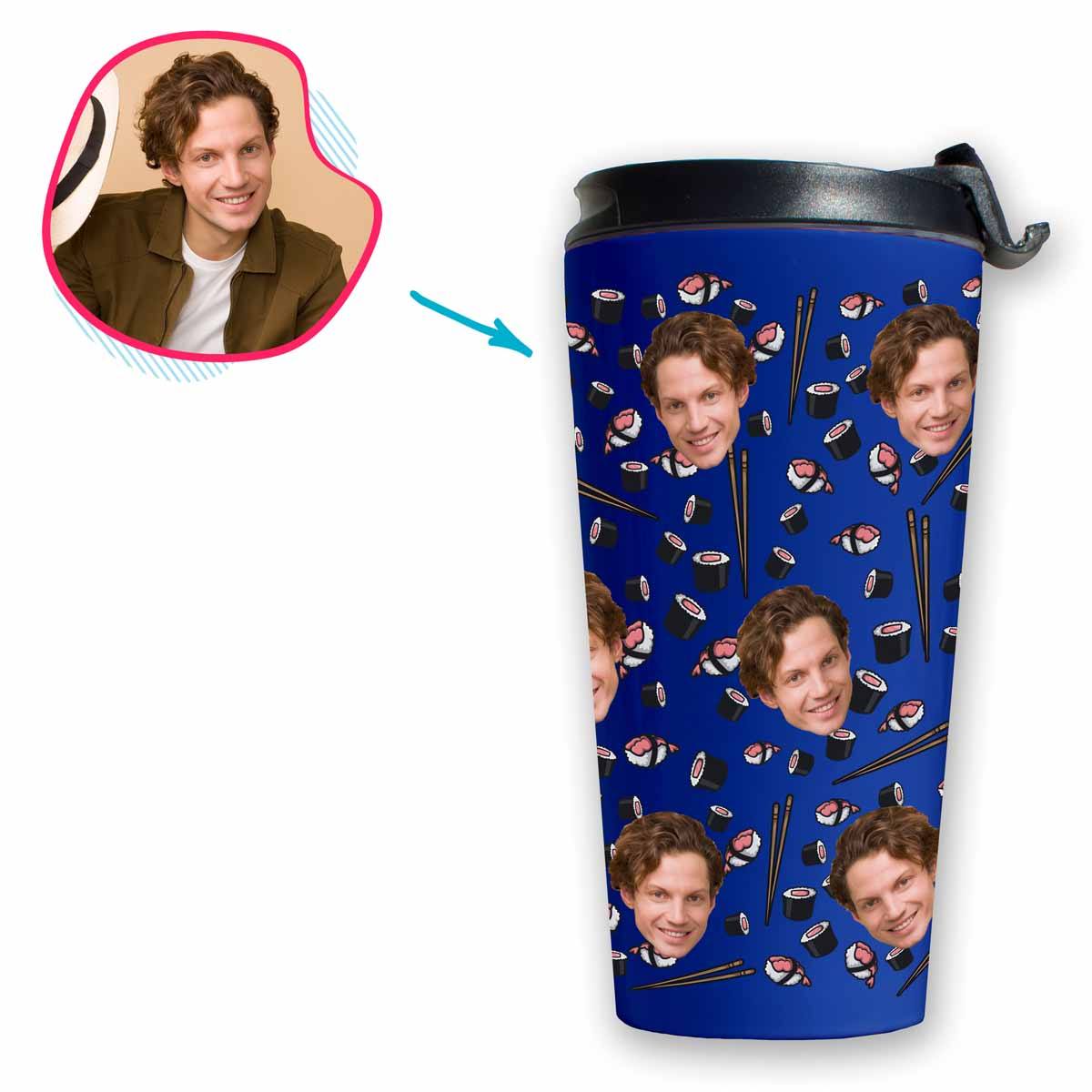darkblue Sushi travel mug personalized with photo of face printed on it