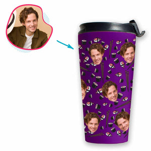 purple Sushi travel mug personalized with photo of face printed on it