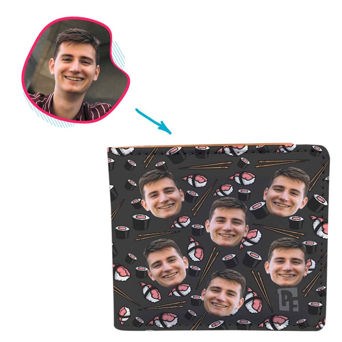 dark Sushi wallet personalized with photo of face printed on it