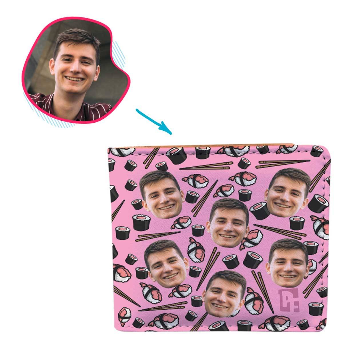 pink Sushi wallet personalized with photo of face printed on it