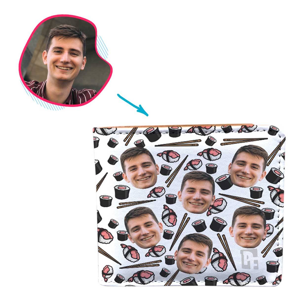 white Sushi wallet personalized with photo of face printed on it