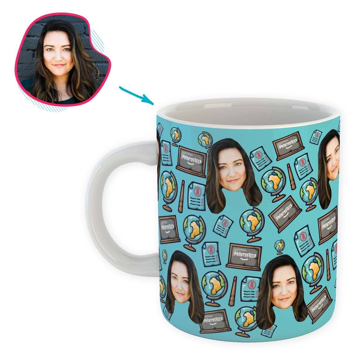 Blue Teacher personalized mug with photo of face printed on it