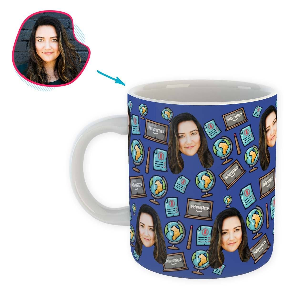 Darkblue Teacher personalized mug with photo of face printed on it