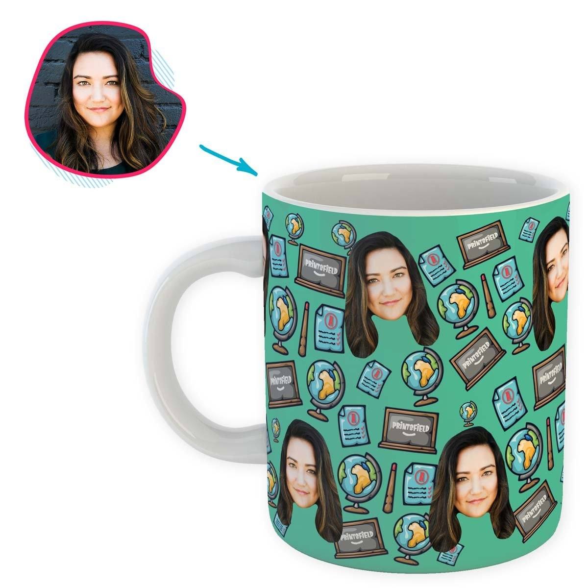Mint Teacher personalized mug with photo of face printed on it
