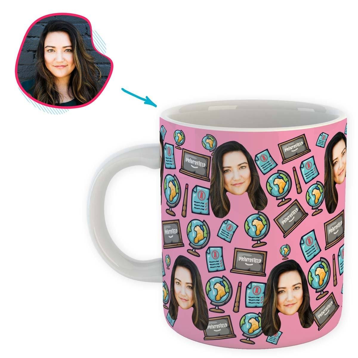 Pink Teacher personalized mug with photo of face printed on it