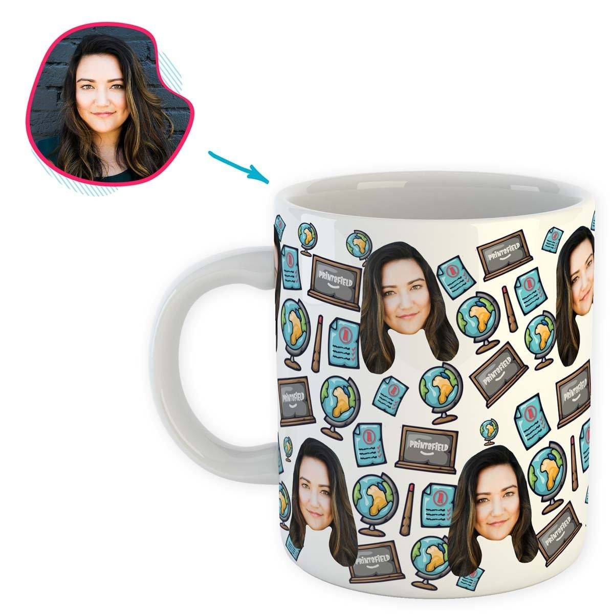 White Teacher personalized mug with photo of face printed on it