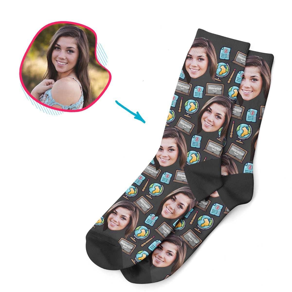 Dark Teacher personalized socks with photo of face printed on them