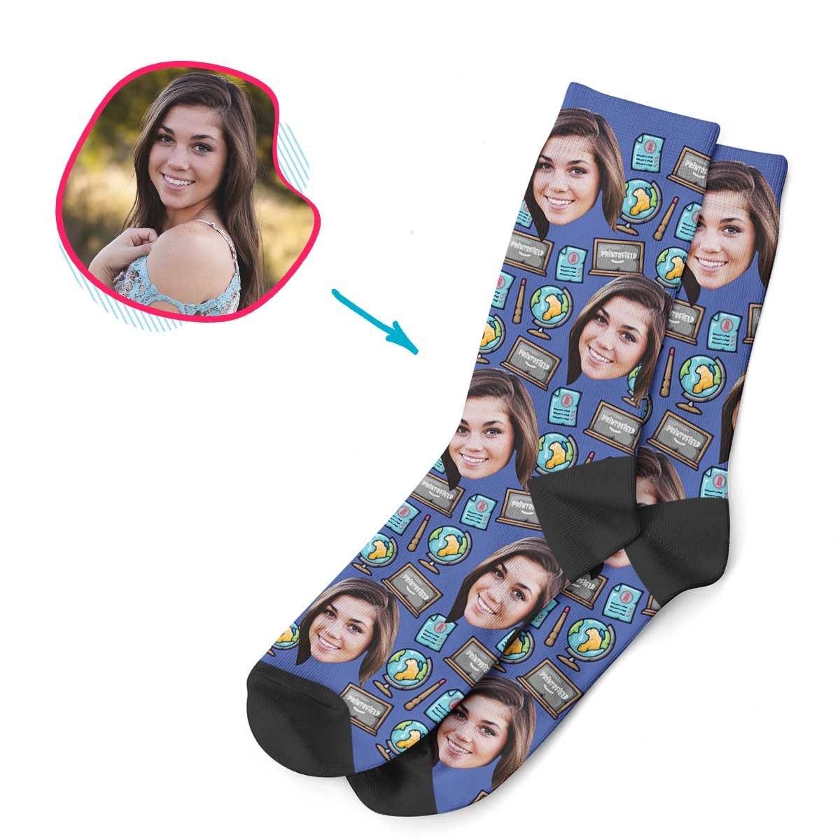 Darkblue Teacher personalized socks with photo of face printed on them