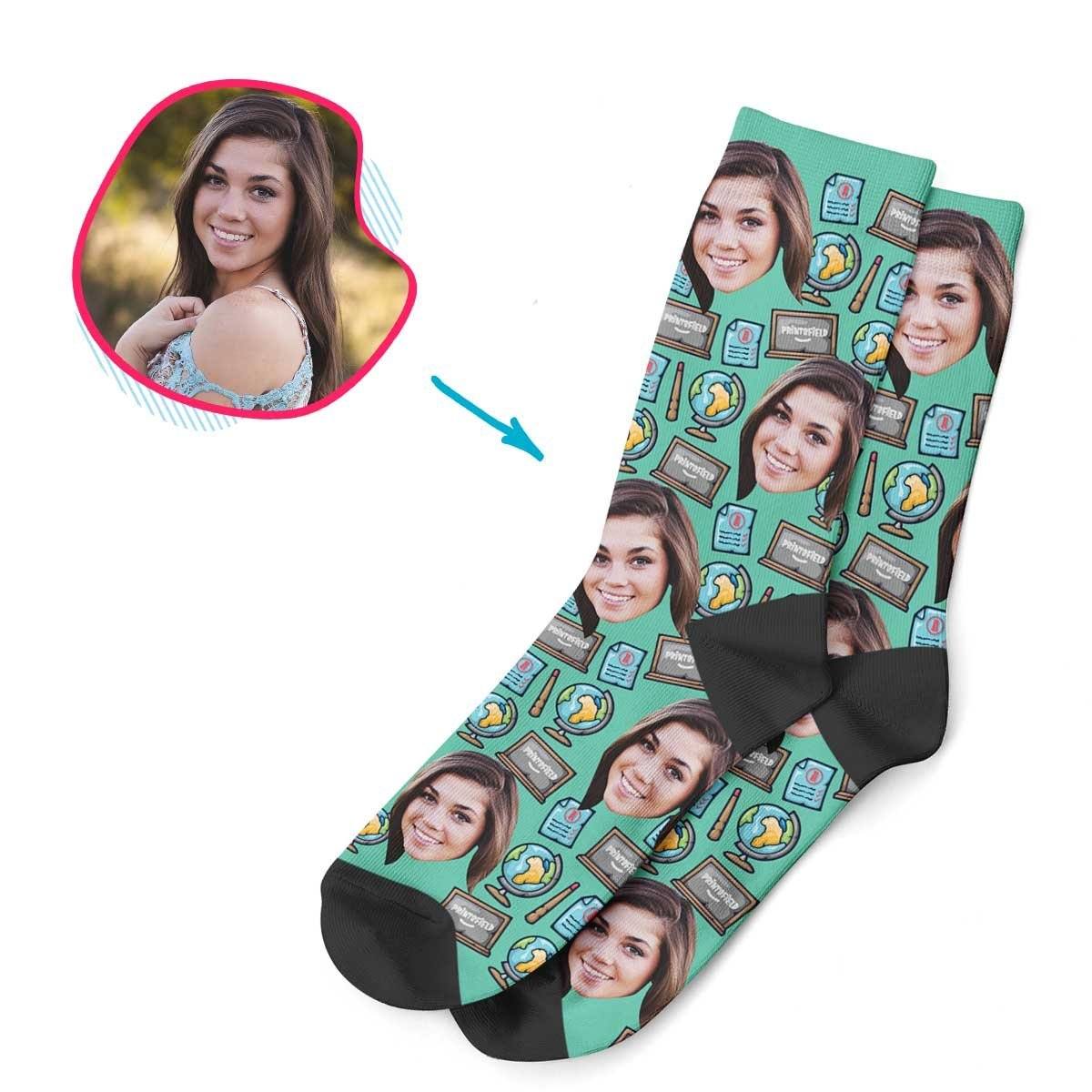 Mint Teacher personalized socks with photo of face printed on them