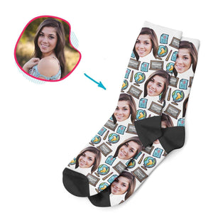 White Teacher personalized socks with photo of face printed on them