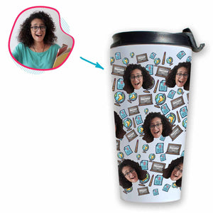 White Teacher personalized travel mug with photo of face printed on it